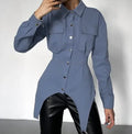 Enyami High Street Cozy Fit Chic Long Sleeves Lapel Snap Fastener Pockets Shirt Tops Blue Irregular Casual Women Blouses