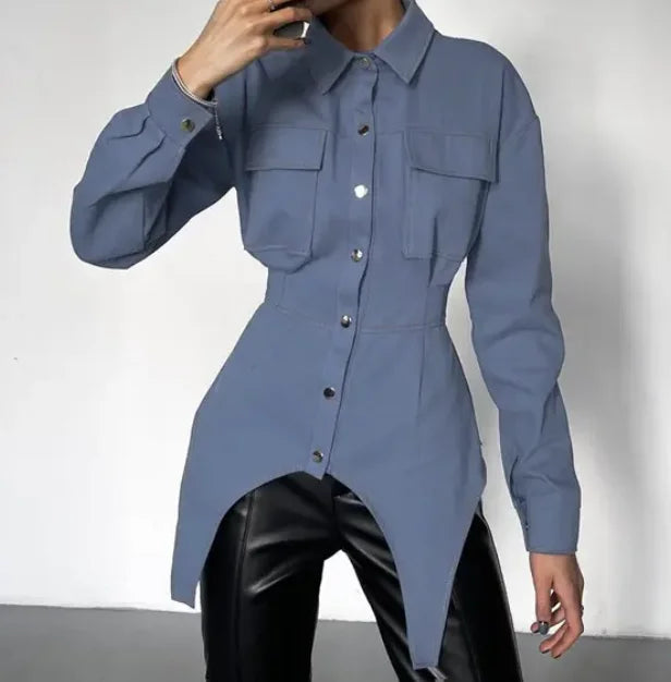 Enyami High Street Cozy Fit Chic Long Sleeves Lapel Snap Fastener Pockets Shirt Tops Blue Irregular Casual Women Blouses
