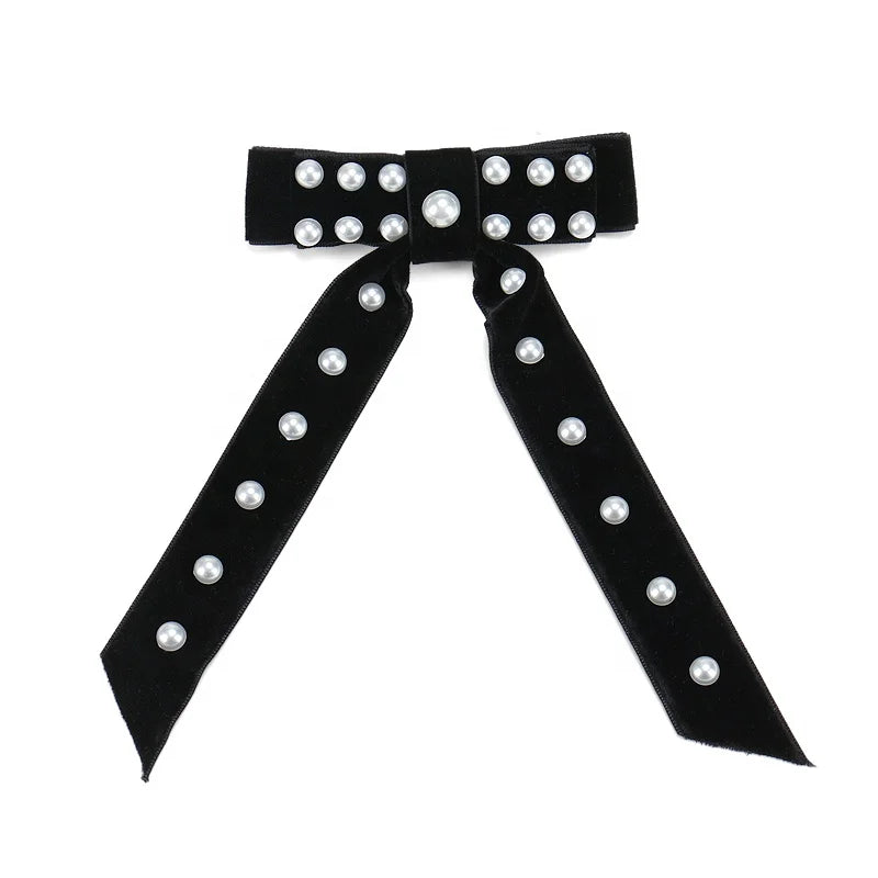 Hot Sale Velvet Hair Bow with Pearl No-Slip Hair Clip with Velvet Bow Elegant Pearl Hair Band
