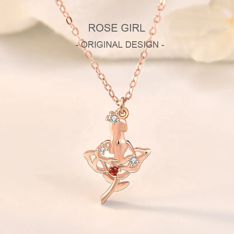New Love Red Rose Girl Pendant Necklace Women Lady 925 Silver Necklace Choker Fashion Jewelry for Valentine's Day Gift