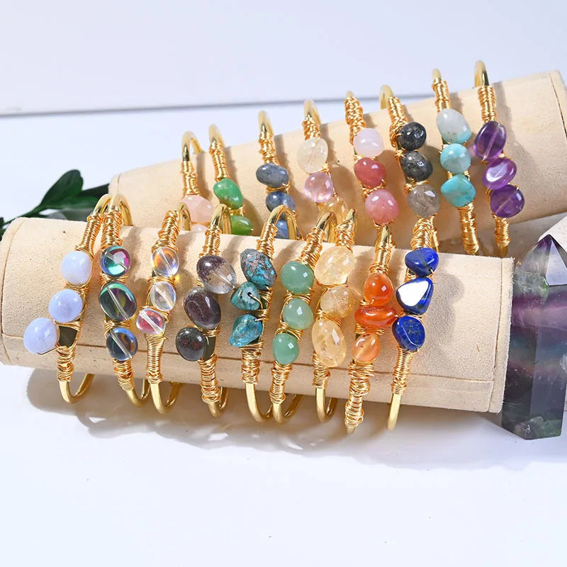 SC Gold Plated Natural Stone Wire Wrapped Bangle Gemstone Amethyst Stone Bangle Cuff Bracelet Jewelry for Women