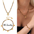 MJ Natural Stone Beads Chian Necklace and Bracelet Set Vintage 18K Gold Stainless Steel Zircon Insert Heart Pendant Jewelry Set