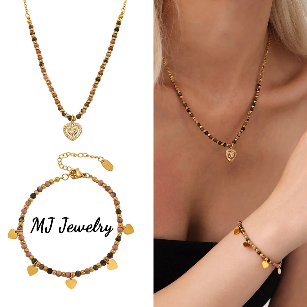 MJ Natural Stone Beads Chian Necklace and Bracelet Set Vintage 18K Gold Stainless Steel Zircon Insert Heart Pendant Jewelry Set