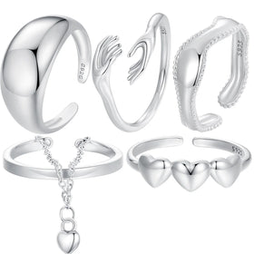 925 Sterling Silver Double-layer Heart-shaped Chain Adjustable Ring for Women Wedding Ring Birthday Gift