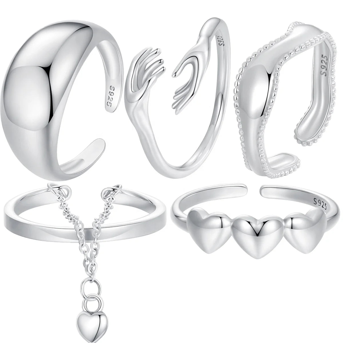 925 Sterling Silver Double-layer Heart-shaped Chain Adjustable Ring for Women Wedding Ring Birthday Gift