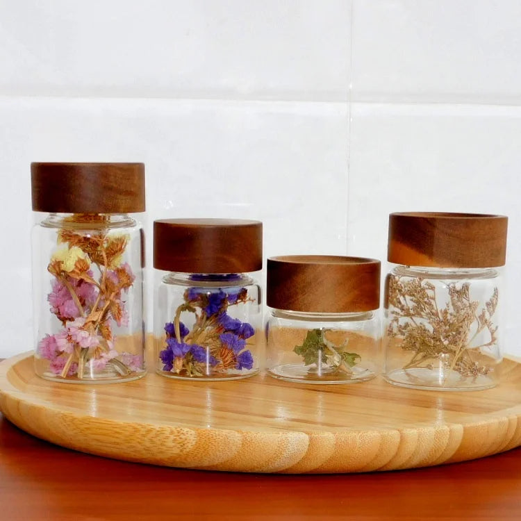 Small Screw Handmade High Borosilicate Glass Storage Bottle Jar With Acacia Wooden Lid for Spice Herb