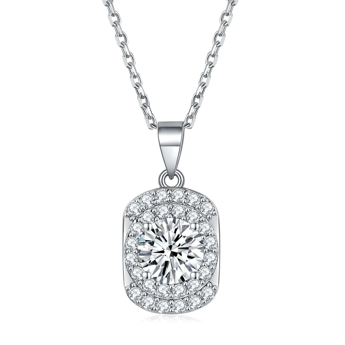 Rectangular Round Zircon Halo Sterling Silver Pendant Necklace