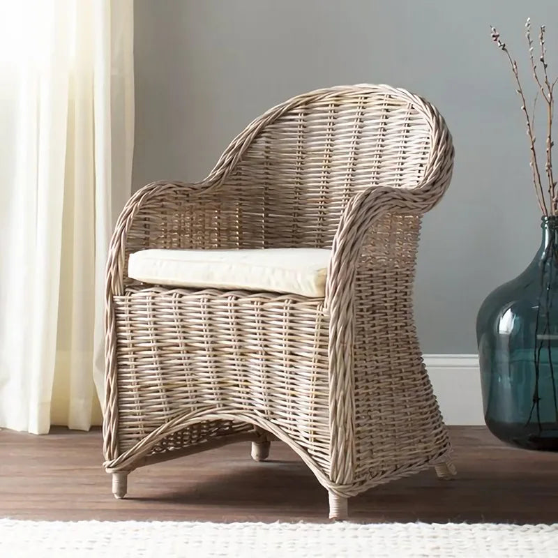 Nordic Style round Back Dining Chair with Woven Rattan Armrests for Home Living Room Bedroom or Hotel Use