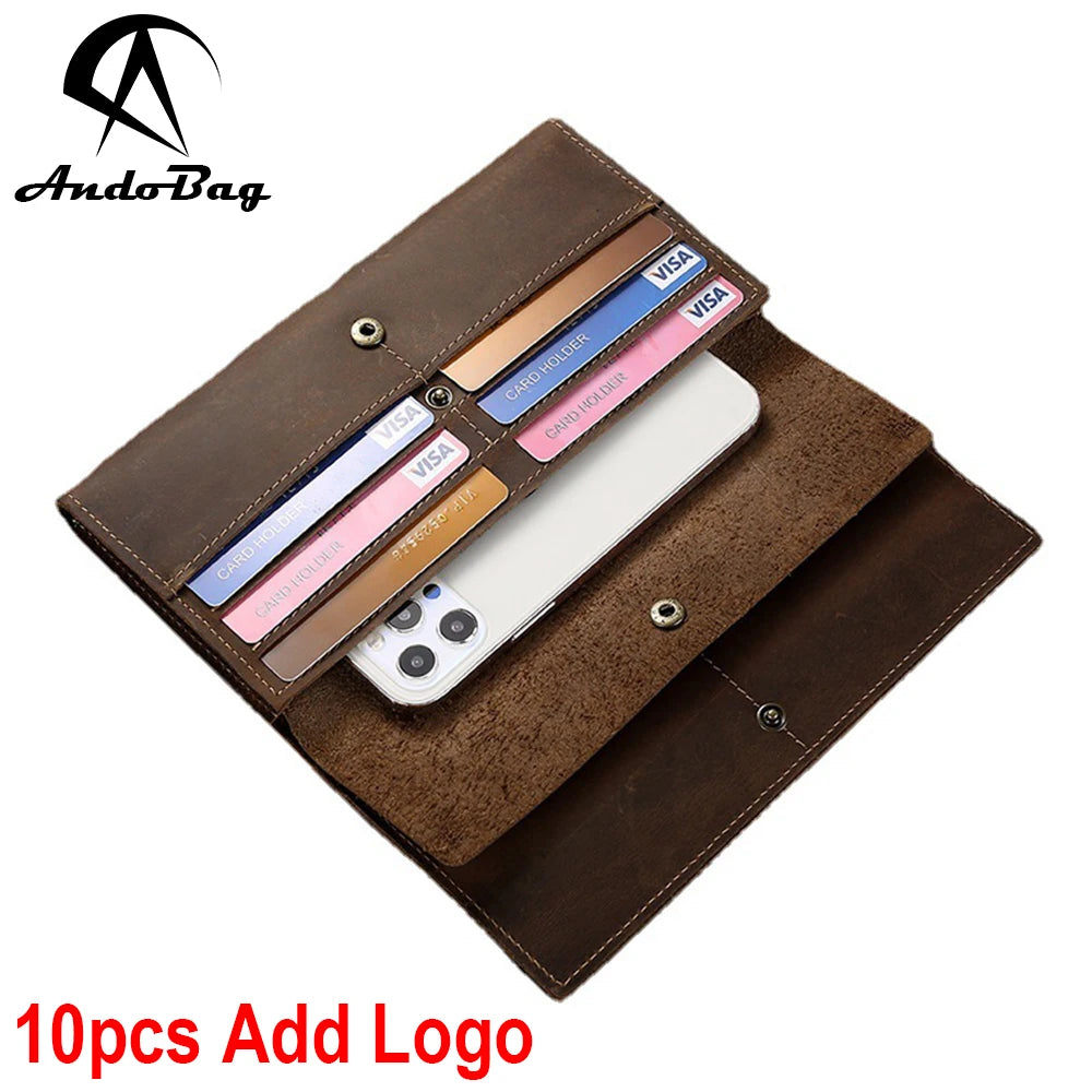AndoBag Vintage Crazy Horse Leather Long Wallet for Men Genuine Cowhide Clutch Phone Bag Simple Purse 229