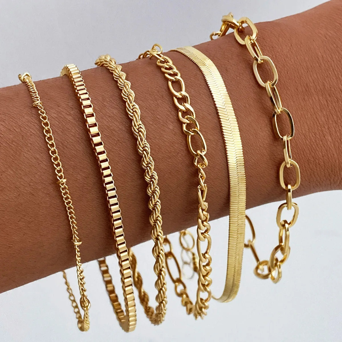 Minimalist Dainty Women Jewelry Multi Layer Gold Plated  Metal Bracelets Set Herringbone Bracelet Femme Paperclip Rope Box Chain