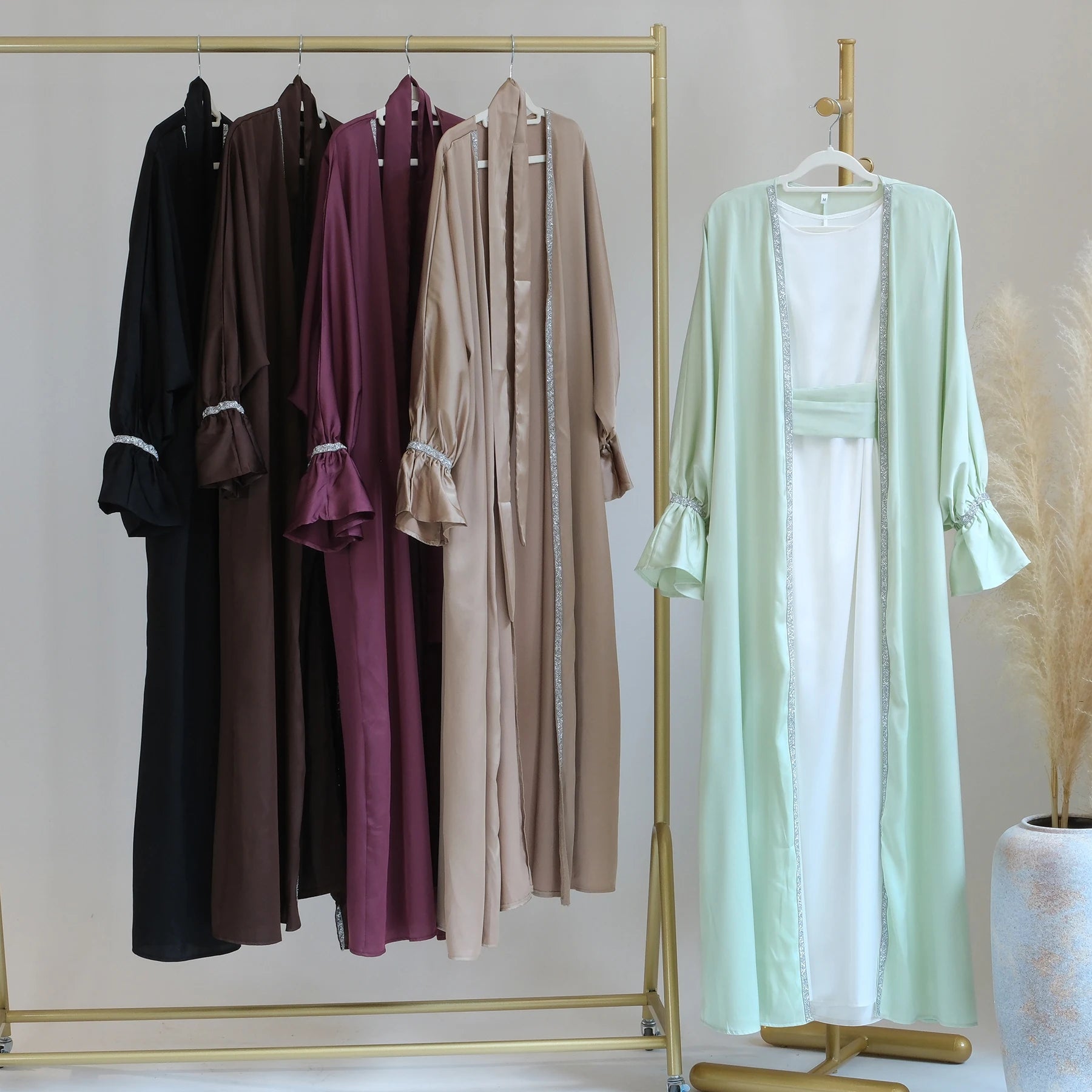 Loriya 2023 EID New Design Abaya Modest Dubai Abaya Casual Cardigan Muslim Dress Satin Embellished Women Open Abaya (No Inner)