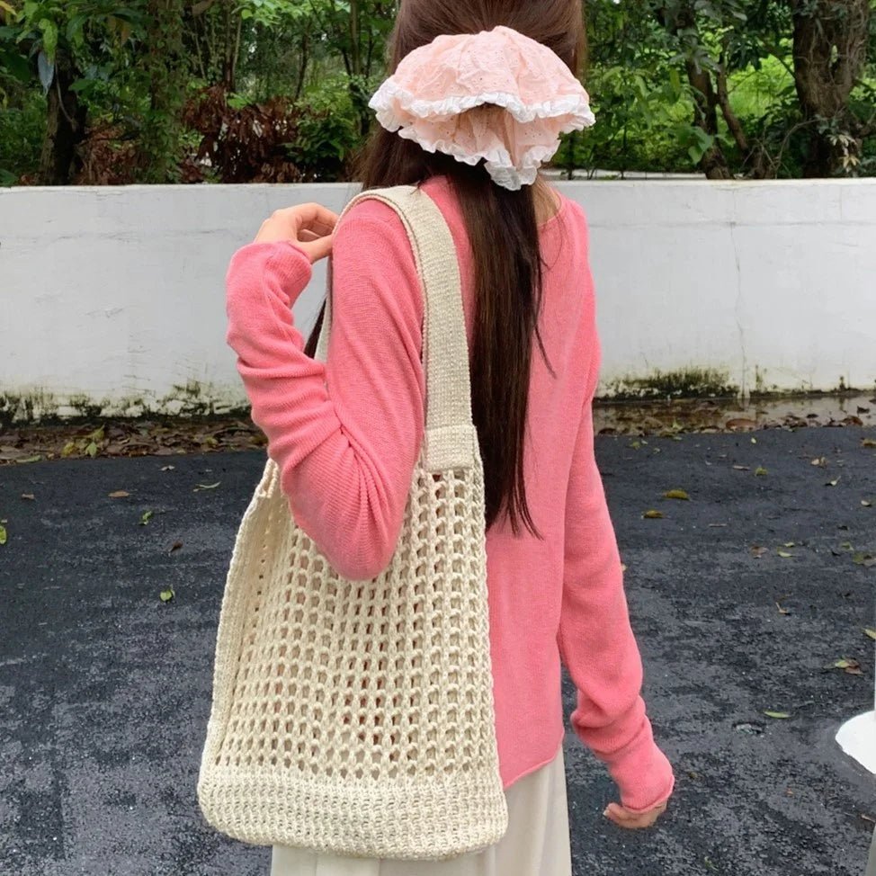 2024 New Arrival Women's Summer Bohemian Large Capacity Solid Color Hollowed Crochet Tote Shopping Travel Bags Hot Style