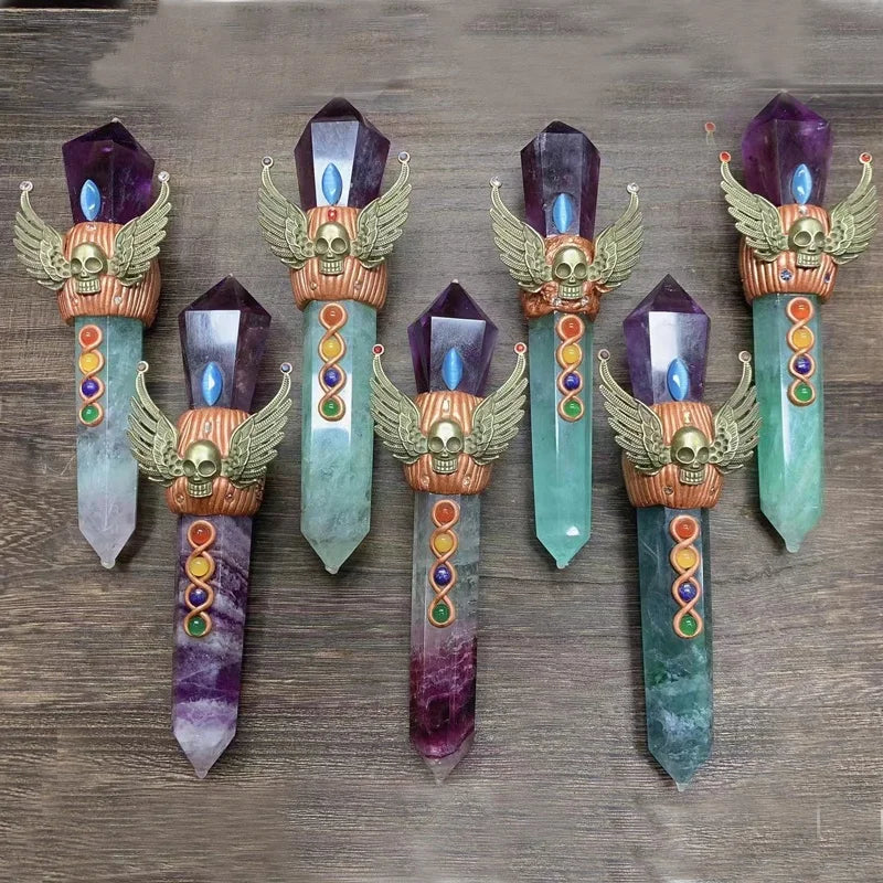 New Arrivals Natural Fluorite Stone Crafts Hand Carved Crystal Point Magic Wand for Sale
