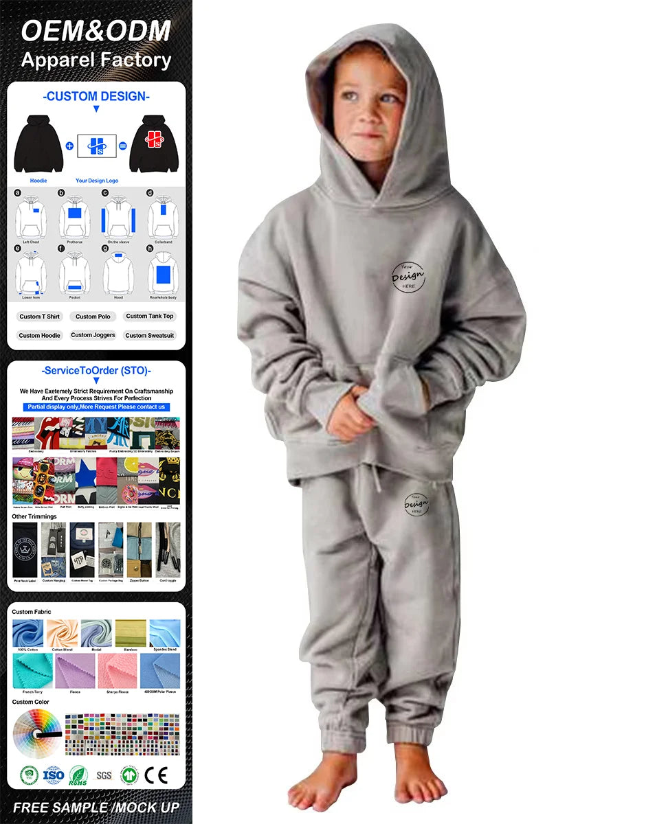 OEM Winter Custom Puff Print Logo Fleece Hoodies Set Blank Jogging Tracksuit Hoodies and Sweat Pants Set for Kids