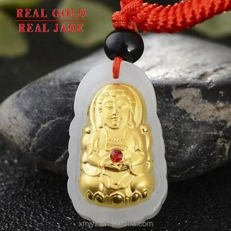 Certified 3D Gold Inlaid Jade 4D Hetian Jade Pure Gold Hetian Jade Gemstone Lotus Edge Guanyin Buddha Pendant Manufacturer
