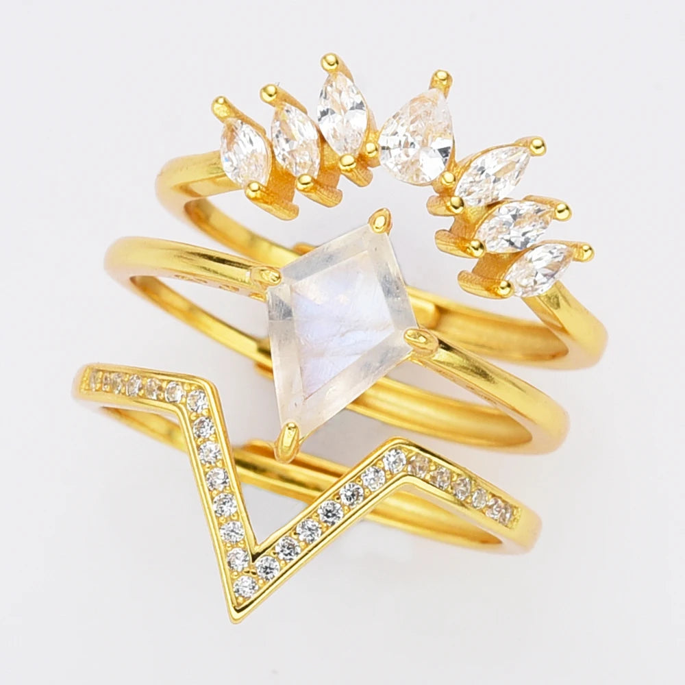 S925 Silver Vermeil Engagement Stacking Ring Set Kite Shape Natural Moonstone Gemstone Fine Jewelry Rings