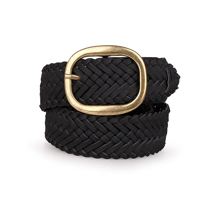 Casual Fashion Black Wide Womens PU Leather Braided Belts for Men With Gold Buckle