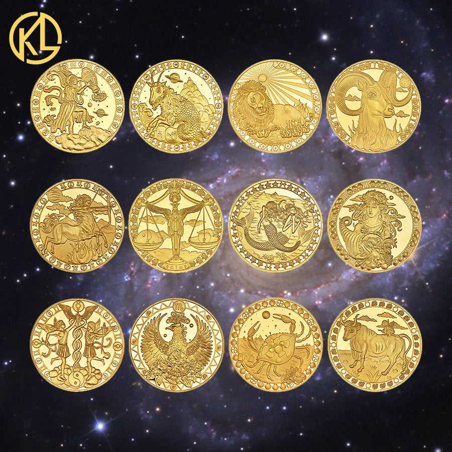 Twelve Constellations Zodiac Gold Plated Collectible Coin Original Coins Set Holder Challenge Coin Creative Gift