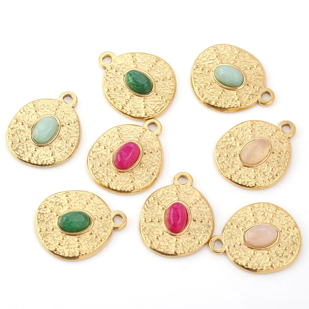 Fashion 18k Gold No Tarnish Stainless Steel Irregular Geometric Circle Retro Patterned Stone Pendant for Women Necklace Jewelry