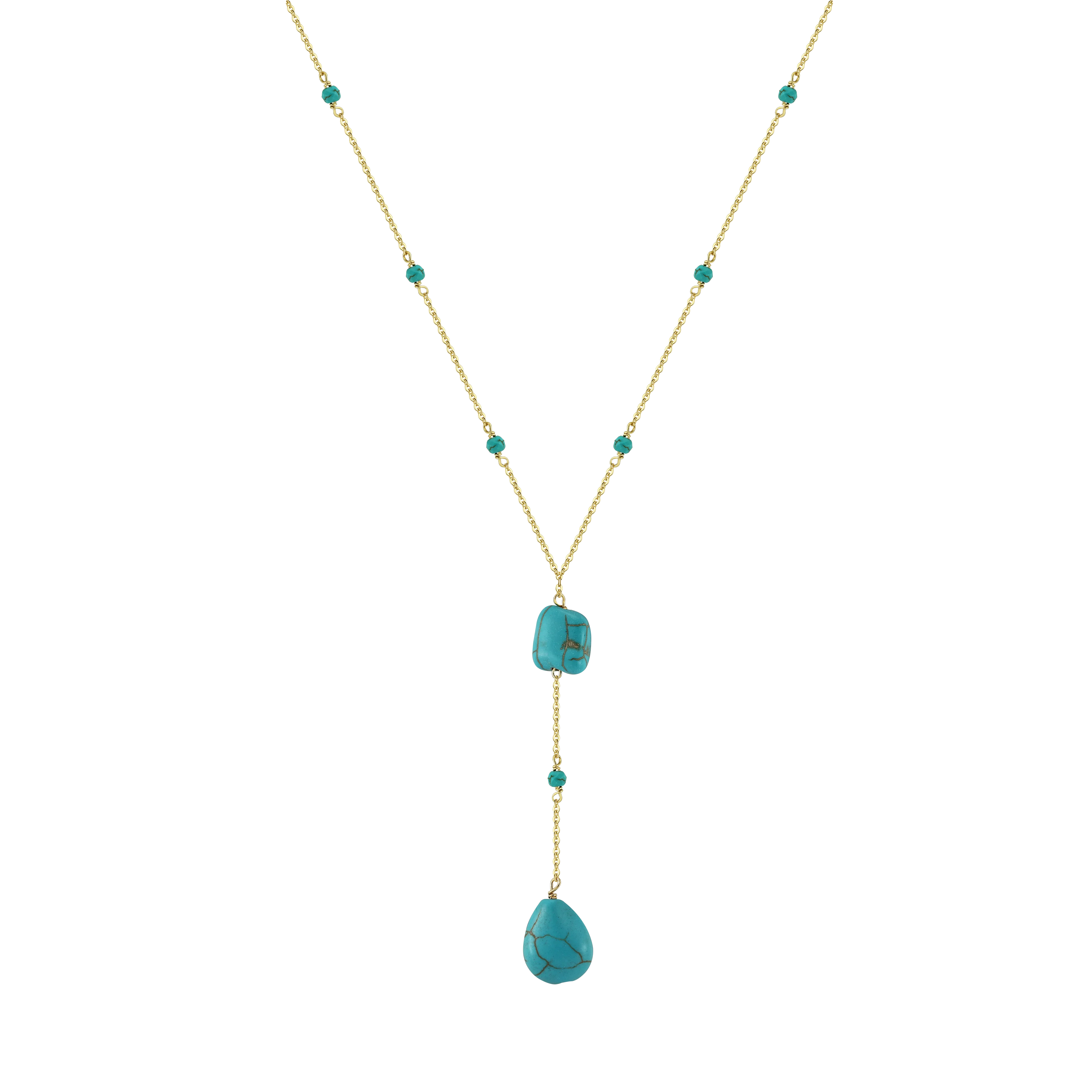 GMN50 New Arrival 14k Gold Plated Sterling Silver Jewelry Y Shaped Smaller Bead Turquoise Long Tassel Necklace