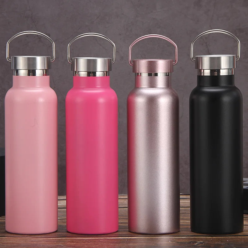 Eco Friendly Portable Handle Straw Lid 750ml Insulated Stainless Steel Water Bottle for Outdoor Hiking Cycling