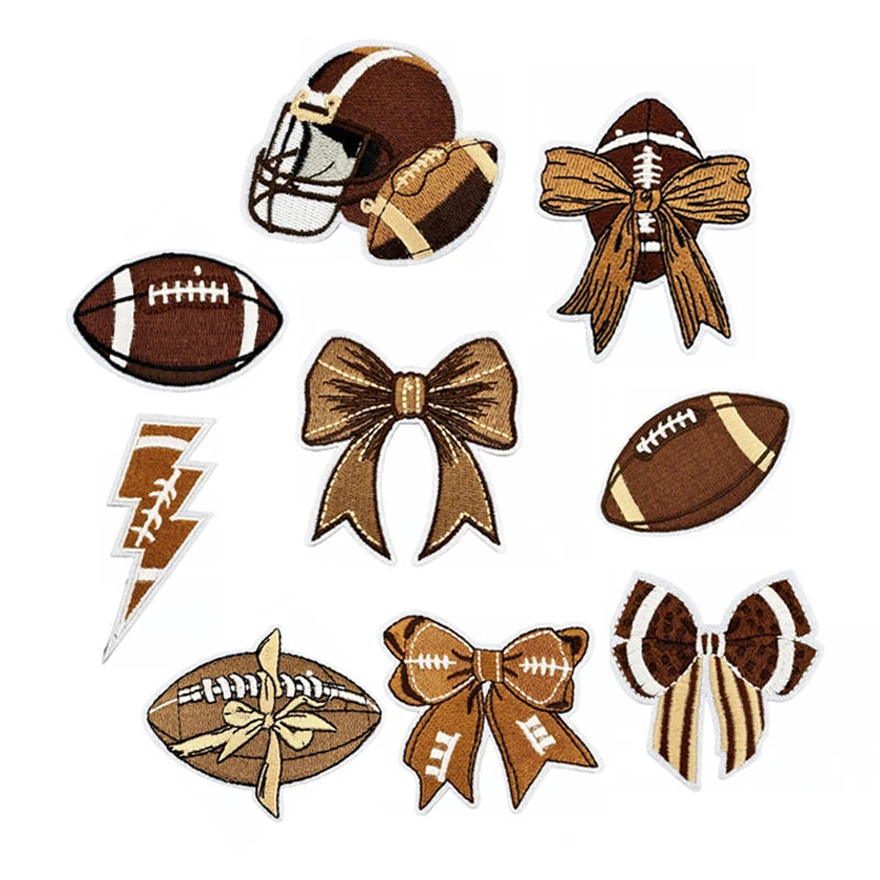 Custom Personalize Embroidered Applique Football Iron on Patches with Bow Sport Rugby Embroidery Patches for Clothing Hats