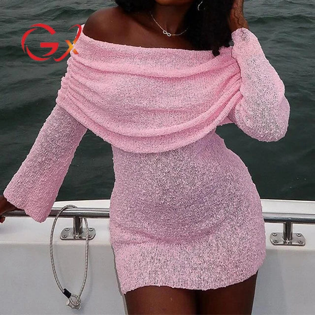 GX24116 Fashion 2024 Autumn Ladies Long Sleeve Off Shoulder Mini Dress Elegant See Through Women Sexy Dresses