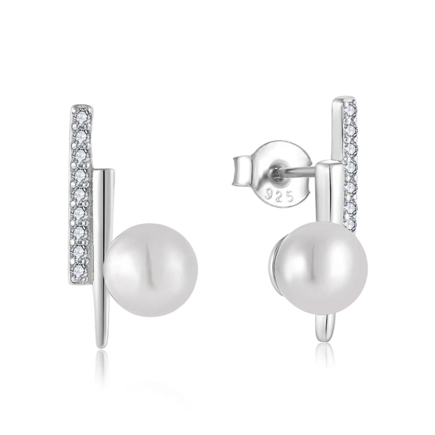 YILUN 925 Sterling Silver Pearl & CZ Bar Stud Earrings Rhodium Plated Minimalist Design Round White Pearl Dangle Bridal Earrings