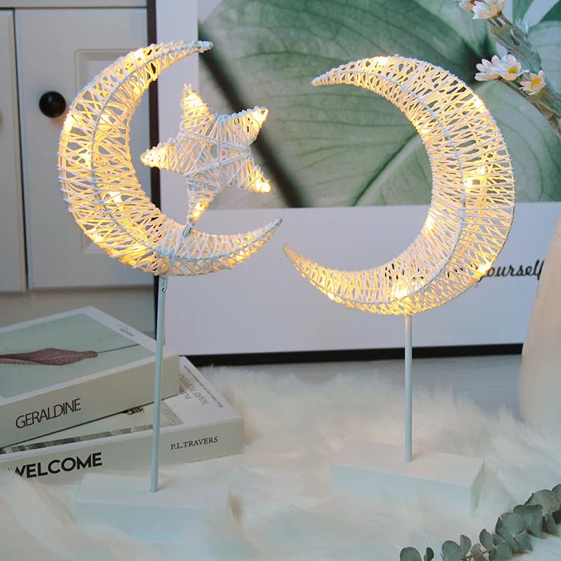 Islam Moon Star Tabletop LED Lantern Muslim Decoration Braided Rattan Lamp Ramadan Eid Mubarak LED Light
