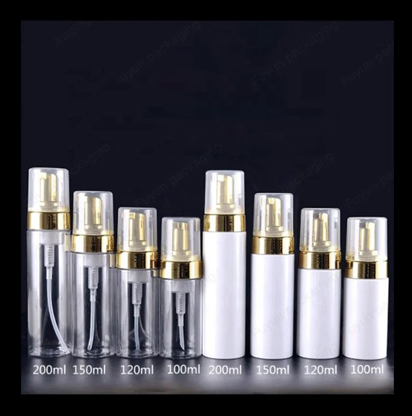 Fuyun New White Plastic 100/120/150/200ml Foaming Pump Cosmetic Wash Bottle Gold Color Pump Skin Care Serum Face Mask Shampoo