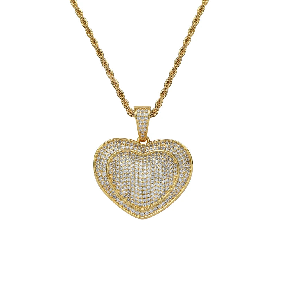 CN352  Brass Setting CZ Heart Pendants Hip Hop Necklace Iced Out Jewelry