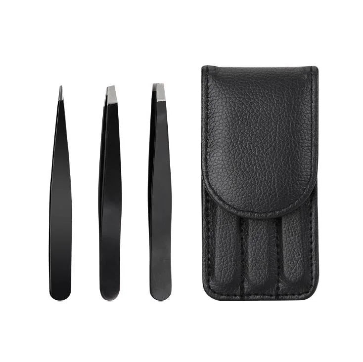 Private Label Black Eyebrow Tweezers Set Straight Tip Stainless Steel Eyelashes Extension Tweezers