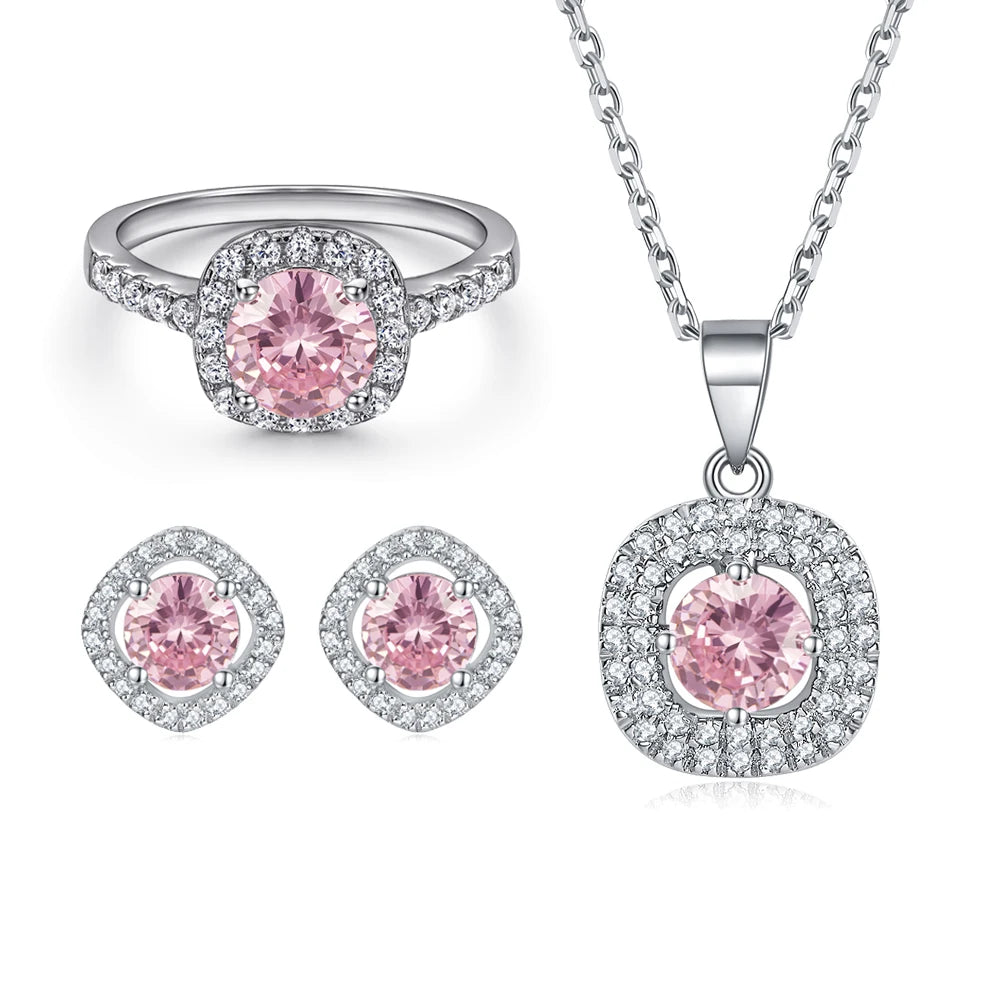 Fashion Silver Jewelry Set Rhodium Plated Round Cut Pink Zirconia Ring Women Jewelry Sets for Party