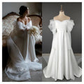 4531# Real Photos Custom Elegant Off Shoulder for Beach Wedding Lace Sweep Train Satin A-line Wedding Dress Bridal Gown