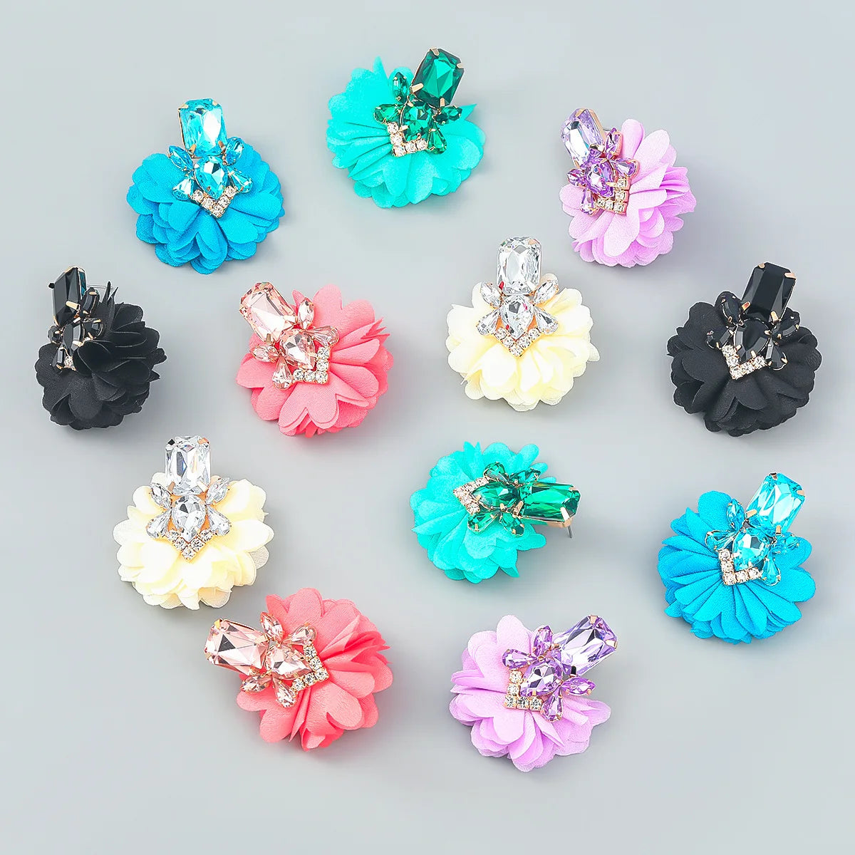 European and American Alloy Multi Layers Flower Diamonds Earrings Multilayer Colorful Cloth Flower Geometric Crystal Earrings