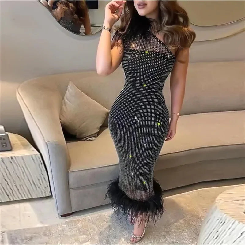 SB2332 Luxury Clothes for Women Modest Evening Dresses High Quality Crystal Bandage Dress Elegant With Feathers