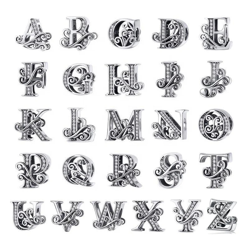 925 Sterling Silver Letter Vintage a to Z 26 Letter Charms Openwork CZ Alphabet Beads Fit Charm Bracelet BSC030