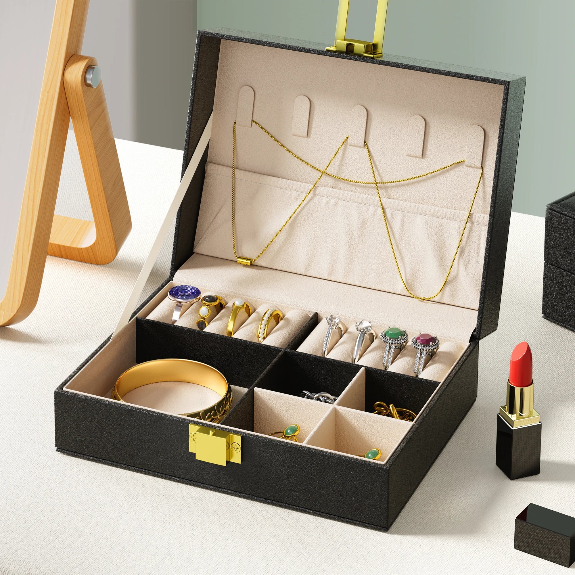 Factory Directly Sale Black Colors Travel Jewelry Organisation Box in Stock PU Leather Large Jewelry Box Jewelry Organizer