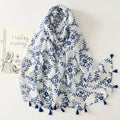 New Fancy Custom Leaf Print Polyester Cotton Scarves Summer Soft Thin Floral Pattern Shawls Cotton Voile Hijabs With Tassels