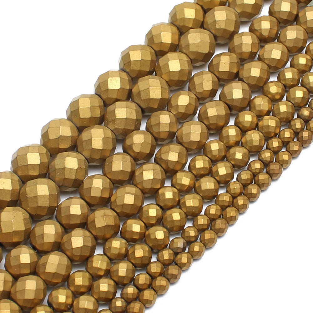Kuoyu F01080 Natural 2/3/4/6/8/10MM Circle Shape Faceted Dull Polish Matte Gold Plated Hematite Stone Beads for Jewelry Making