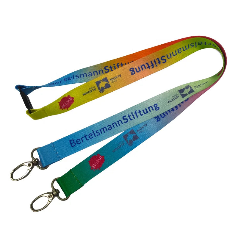 Free Design Custom Polyester Lanyard with Double Clips and Two Hooks Dual Background Color Neck Strap for Promotional Gift