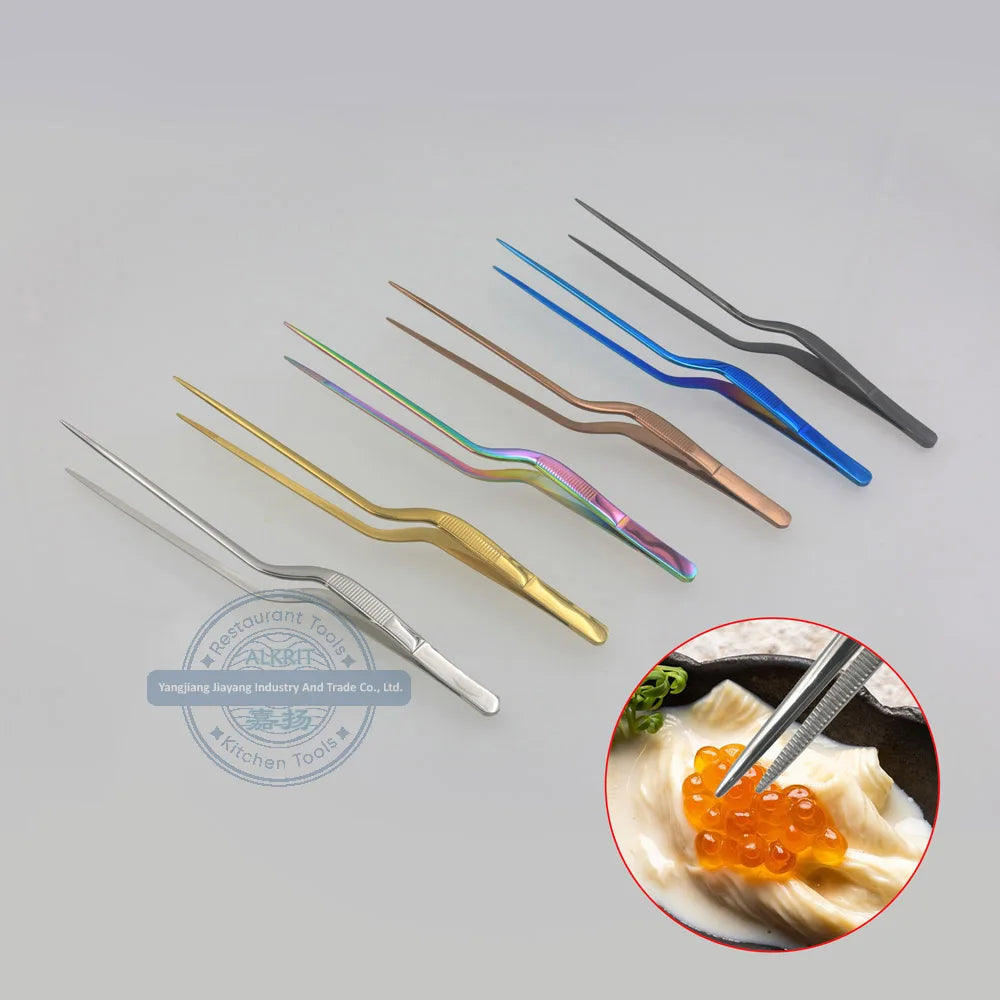 (JYKTT-A151) Stainless Steel Offset Precision Tweezers Multi Color Tweezers for Chef Plating Reptile Feeding Jewelry Crafts
