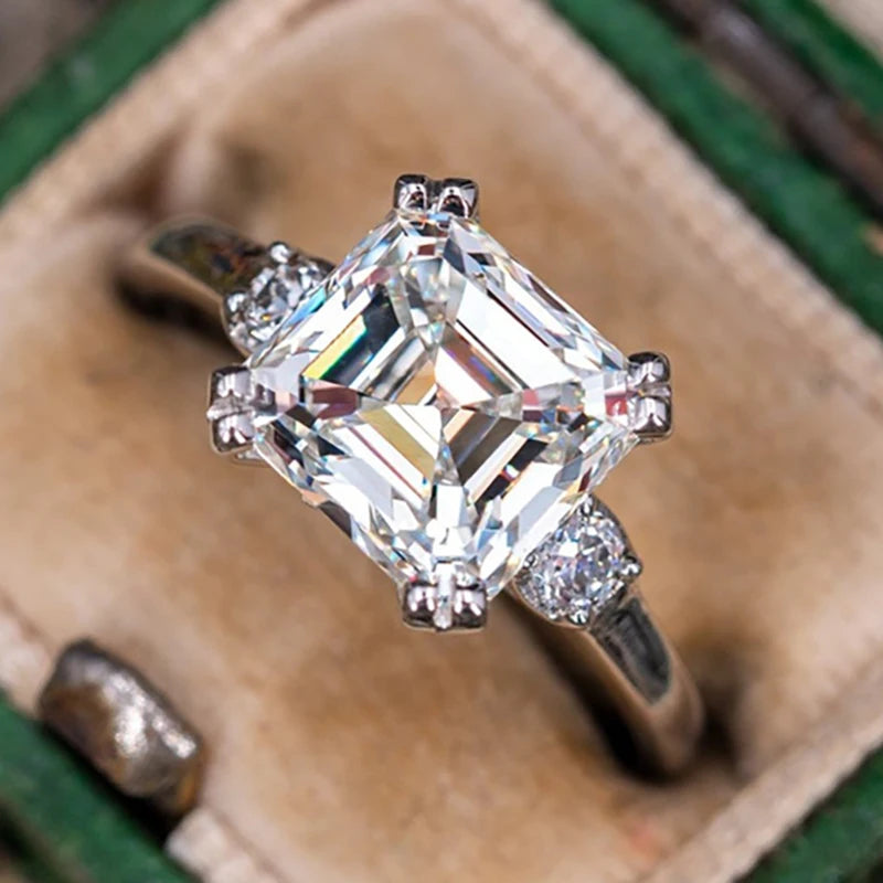 CAOSHI Luxury Jewelry Asscher Cut Cubic Zirconia Silver Plated 3 Stone Diamond Rings for Wedding Promise Zircon Rings for Women