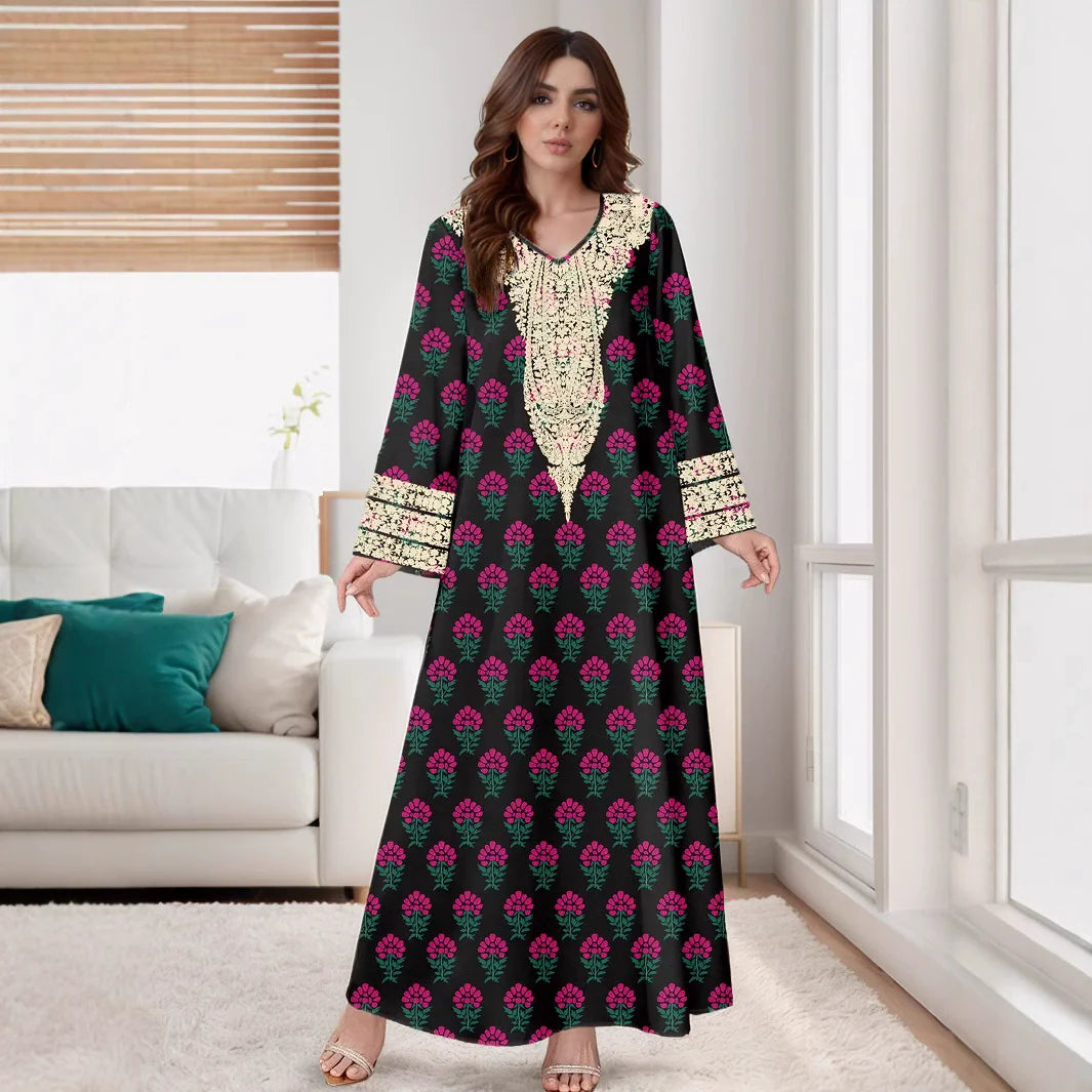Middle East Muslim Moroccan Kaftan Islamic Clothing Floral Print Long Dress