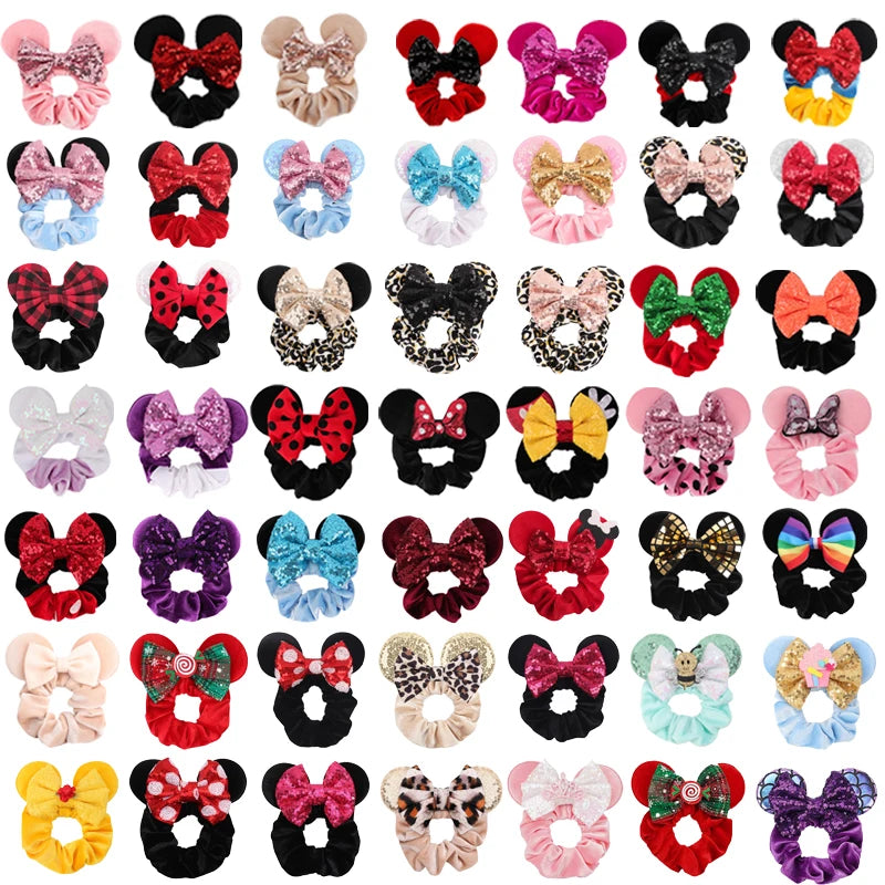 49 Colors Designer Hair Accessory Cute Sequin Bow Elastic Hairband for Kids Girl Velvet Inspired Mouse Ears Hair Scrunchies