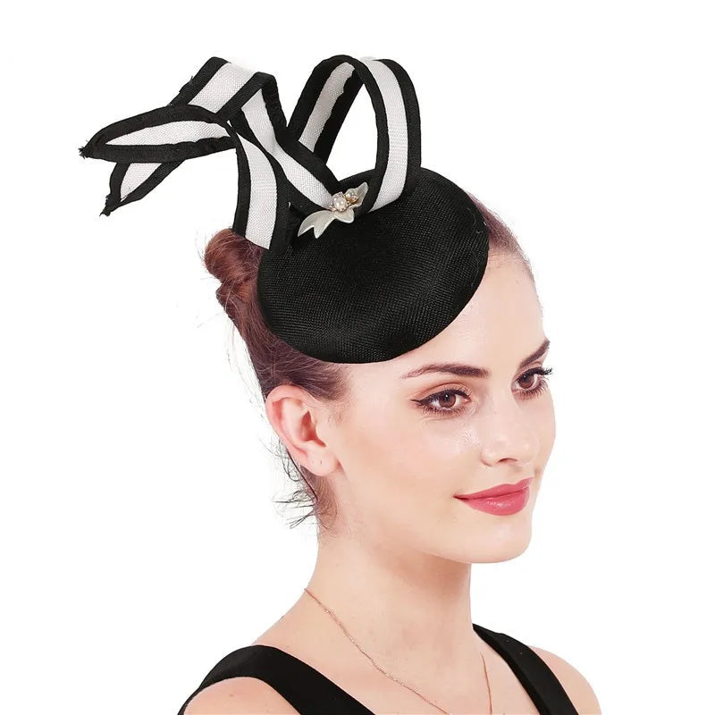 Fashion Ladies Black Sinamay Church Kentucky Derby Hat Diamond Wedding Cocktail Royal Pillbox Fascinators for Women Formal Hats