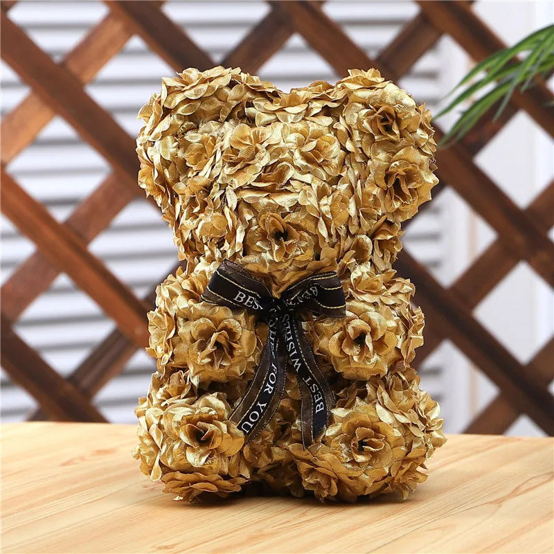 S02383 New Forever Roses Valentine Bear Valentines Day Gift Box Rose Bear Gold Color 25 cm Rose Teddy Bear for Mothers Day Gifts