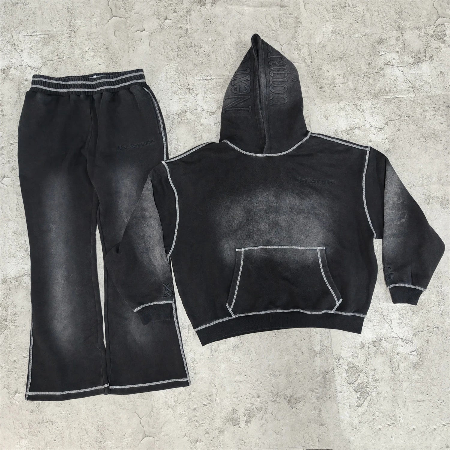 US Free Tax  3D Embossed Vintage Jogging Set Zip up Acid Wash Tracksuit Sweat Suit Hoodie and Straight Leg Flared Sweatpants