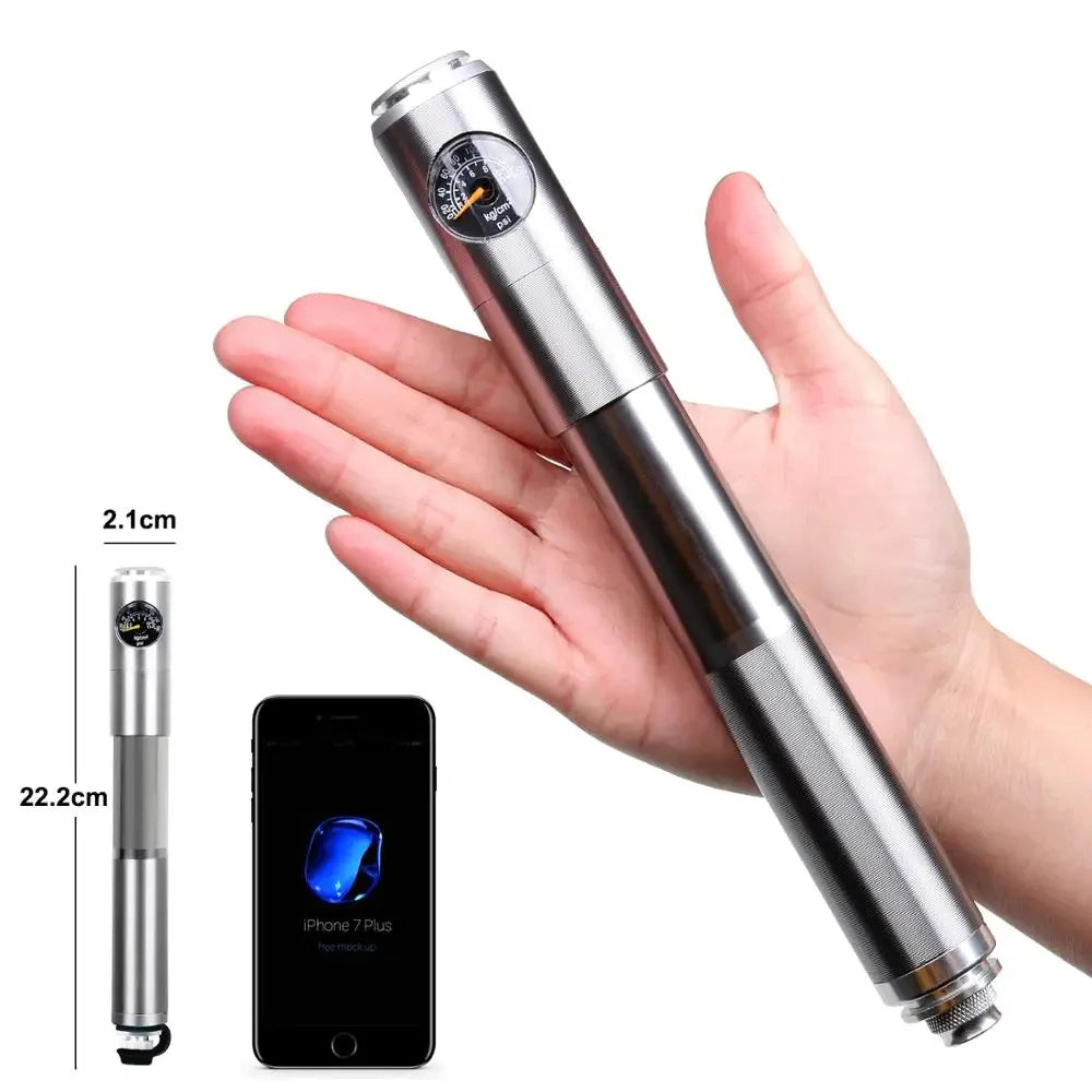 Portable High-Pressure Hand Air Pump Gauge Aluminium Mini Bike Inflator Schrader Presta Valve Type 160psi Bicycle/Motorcycle