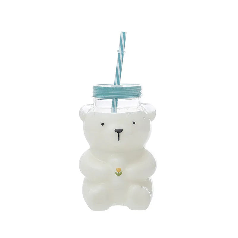 20oz Green Hat Teddy Bear Glass Cup Cute Honey Milk Bottles Water Bottle Glass Bear Coffee Cup with Hat Lid Straw Custom logo
